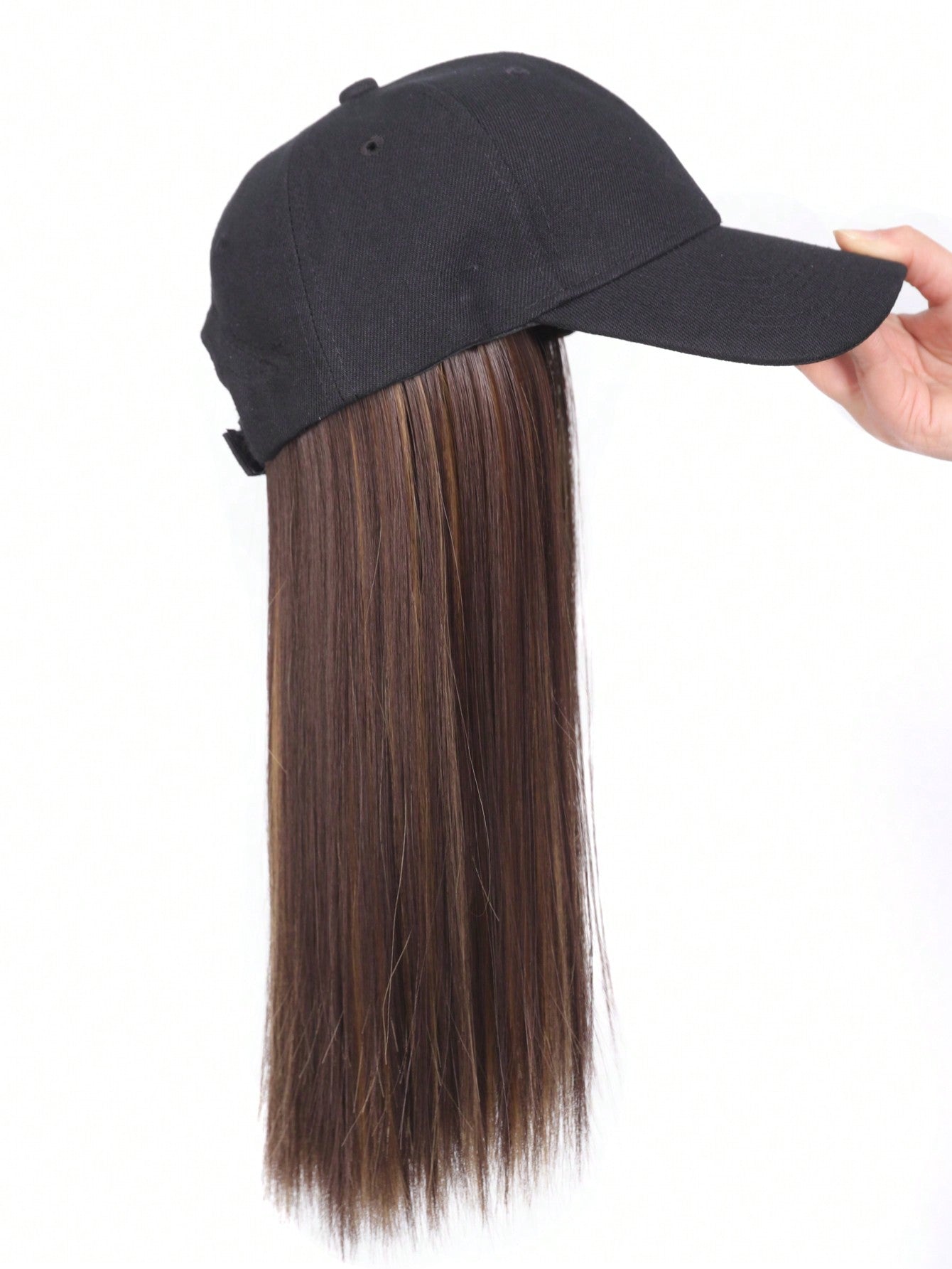 Baseball Cap With 16inch Straight Hair Extension Wig Hat For Medium/Long Straight Hair, Brown