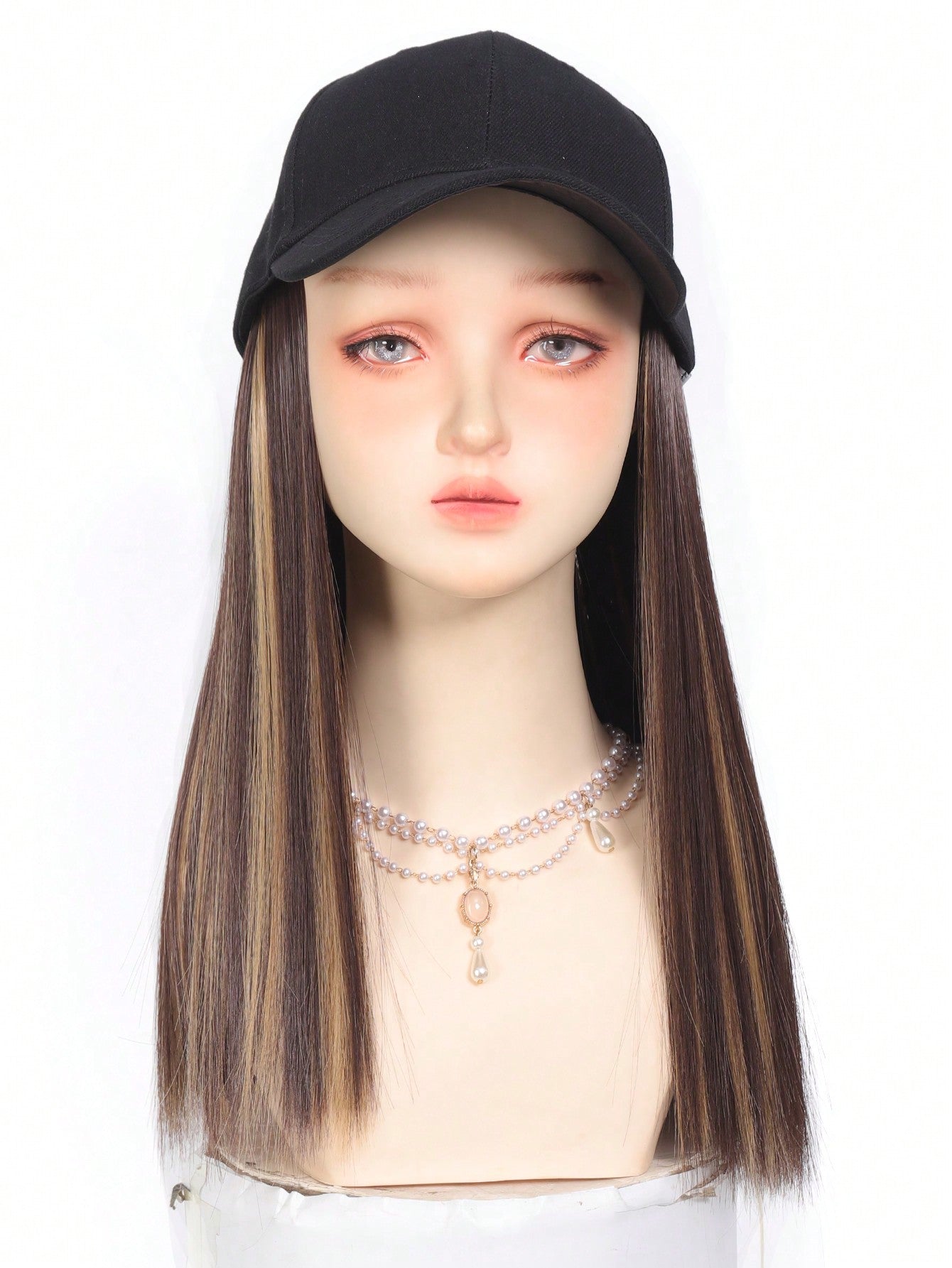 Baseball Cap With 16inch Straight Hair Extension Wig Hat For Medium/Long Straight Hair, Brown