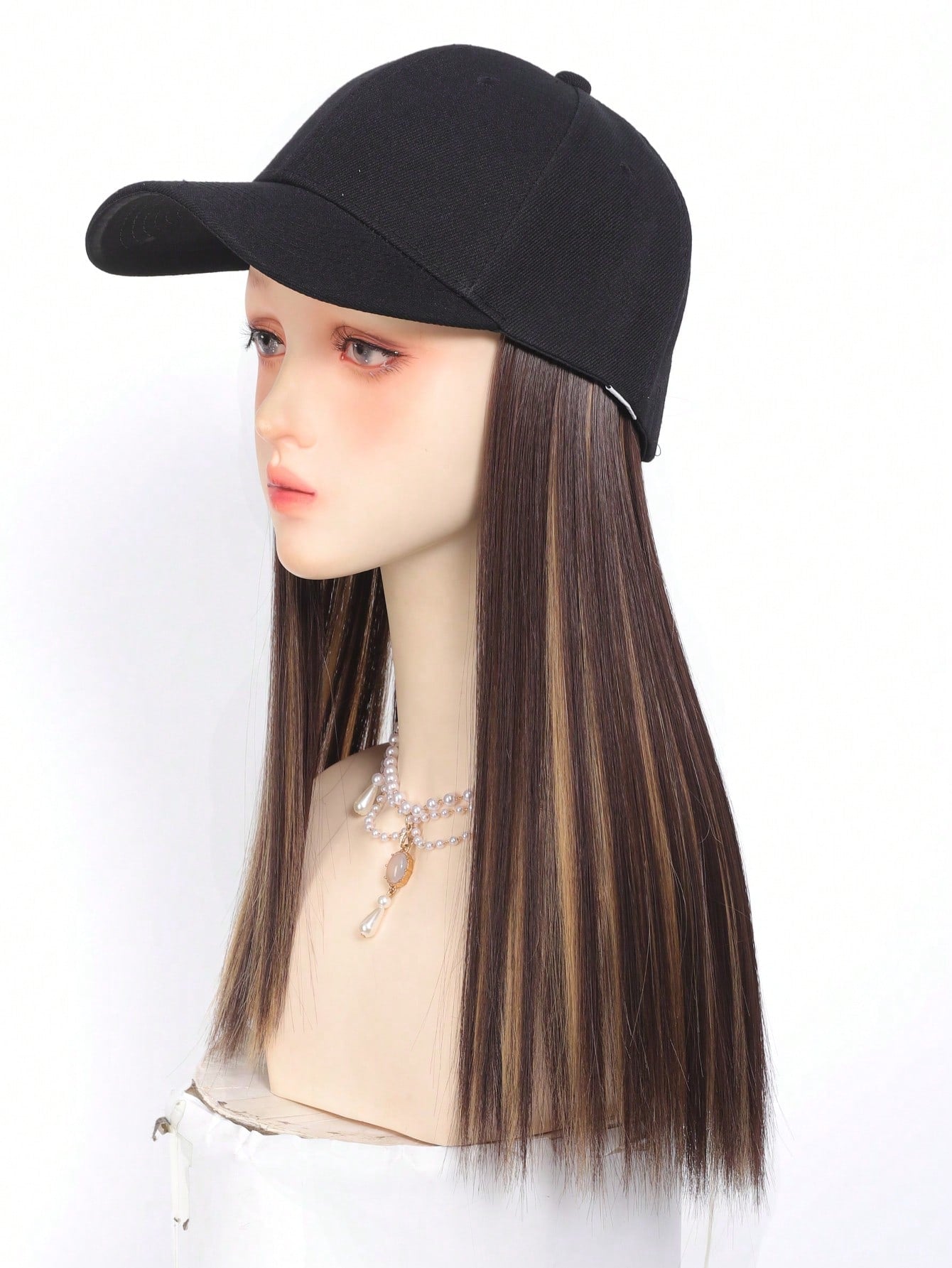 Baseball Cap With 16inch Straight Hair Extension Wig Hat For Medium/Long Straight Hair, Brown