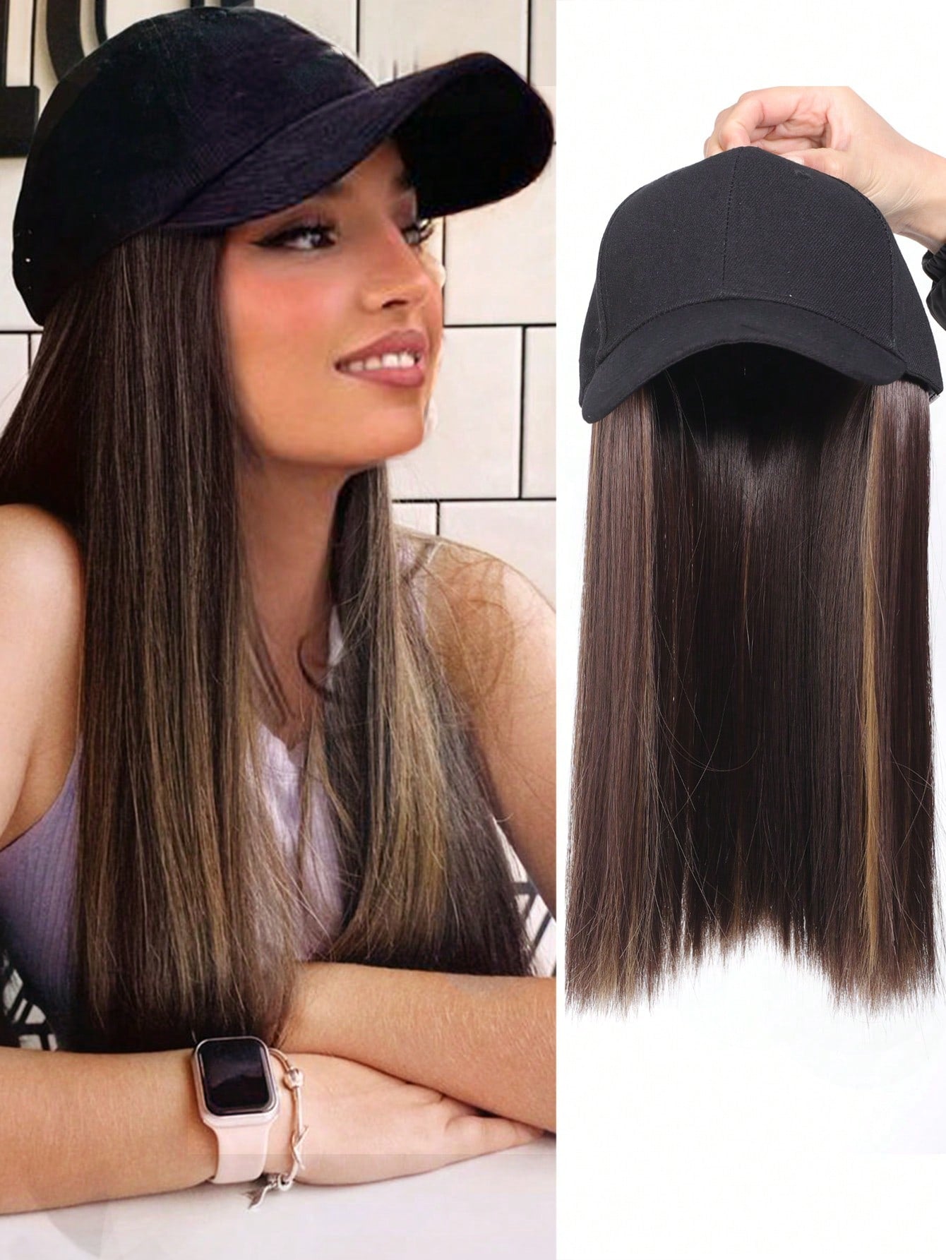 Baseball Cap With 16inch Straight Hair Extension Wig Hat For Medium/Long Straight Hair, Brown