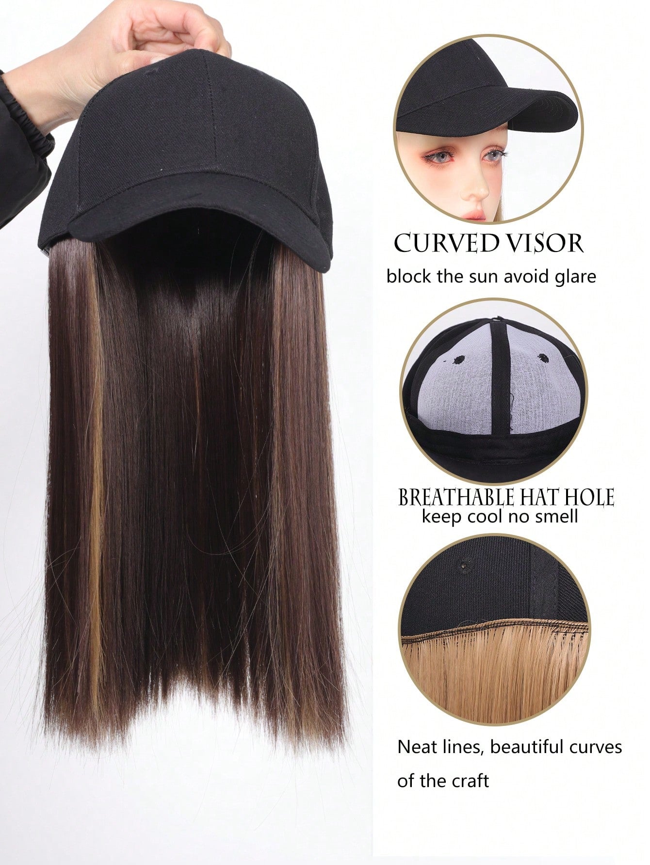 Baseball Cap With 16inch Straight Hair Extension Wig Hat For Medium/Long Straight Hair, Brown