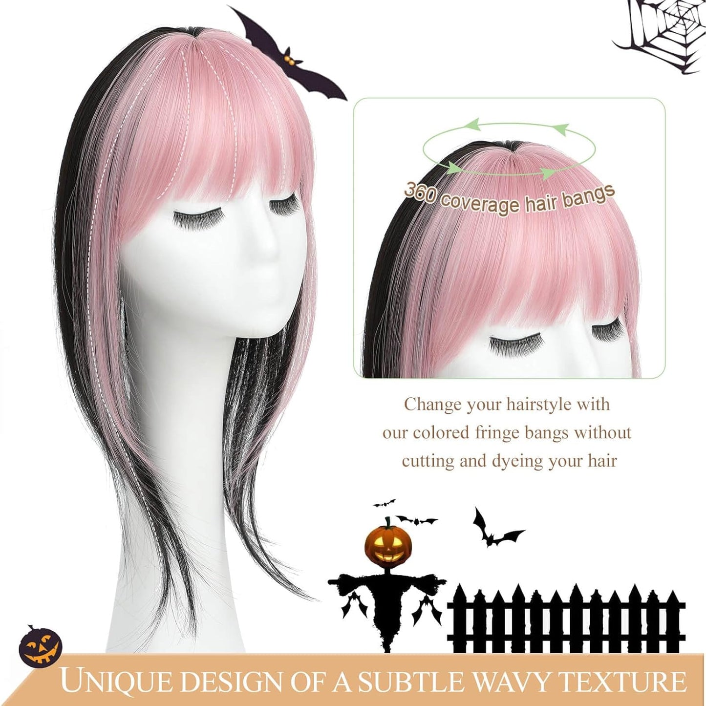 Clip in Bangs Hair Clip Colored Hair Extensions 360 Fake Bangs Halloween Costumes Woman Accessory For Halloween/Anime Cosplay/Mardi Gras/Theme Party/Dating/Daily Half Pink Half Black Bangs