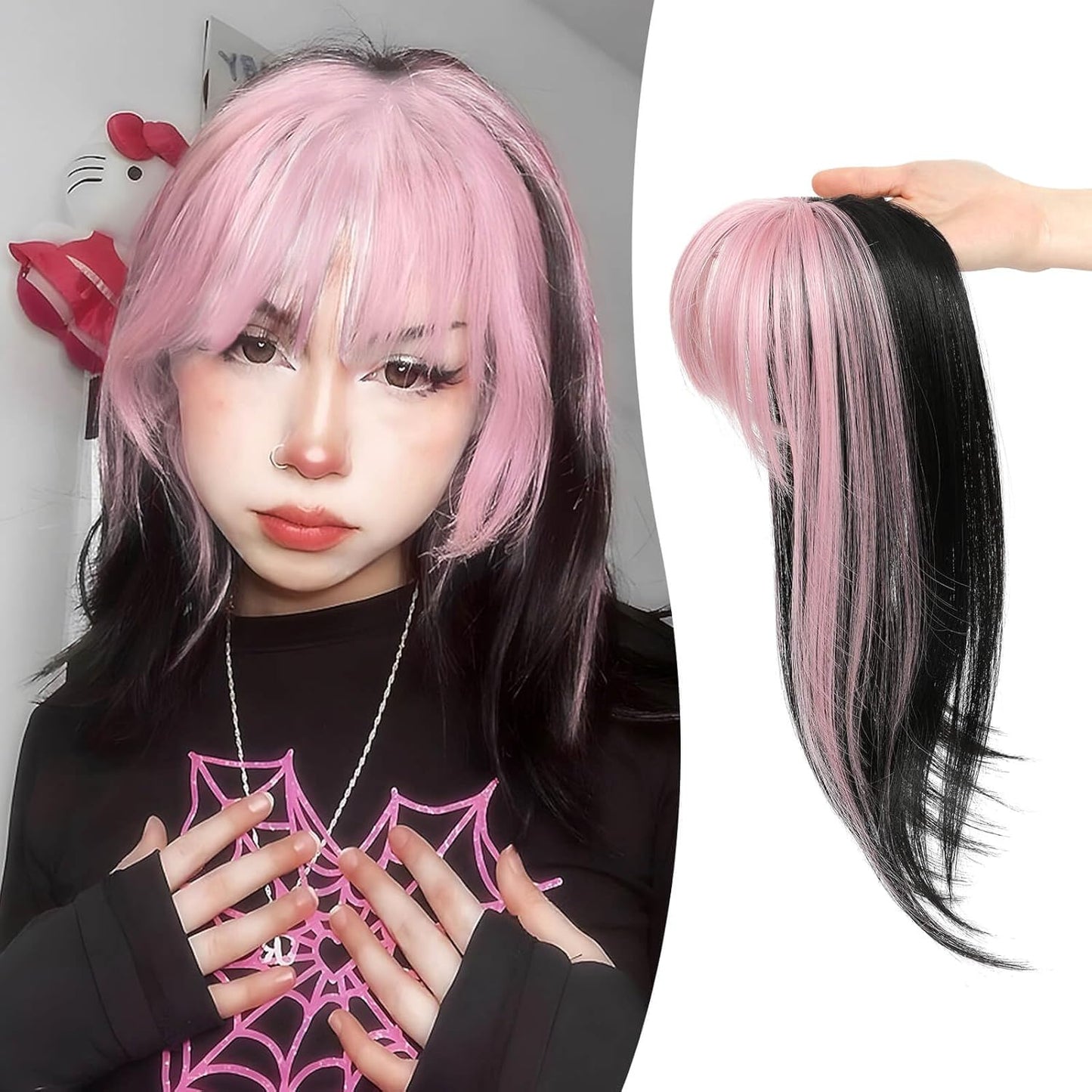 Clip in Bangs Hair Clip Colored Hair Extensions 360 Fake Bangs Halloween Costumes Woman Accessory For Halloween/Anime Cosplay/Mardi Gras/Theme Party/Dating/Daily Half Pink Half Black Bangs