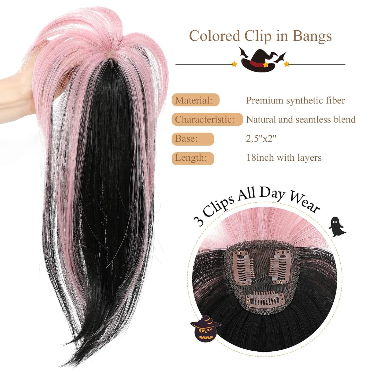 Clip in Bangs Hair Clip Colored Hair Extensions 360 Fake Bangs Halloween Costumes Woman Accessory For Halloween/Anime Cosplay/Mardi Gras/Theme Party/Dating/Daily Half Pink Half Black Bangs