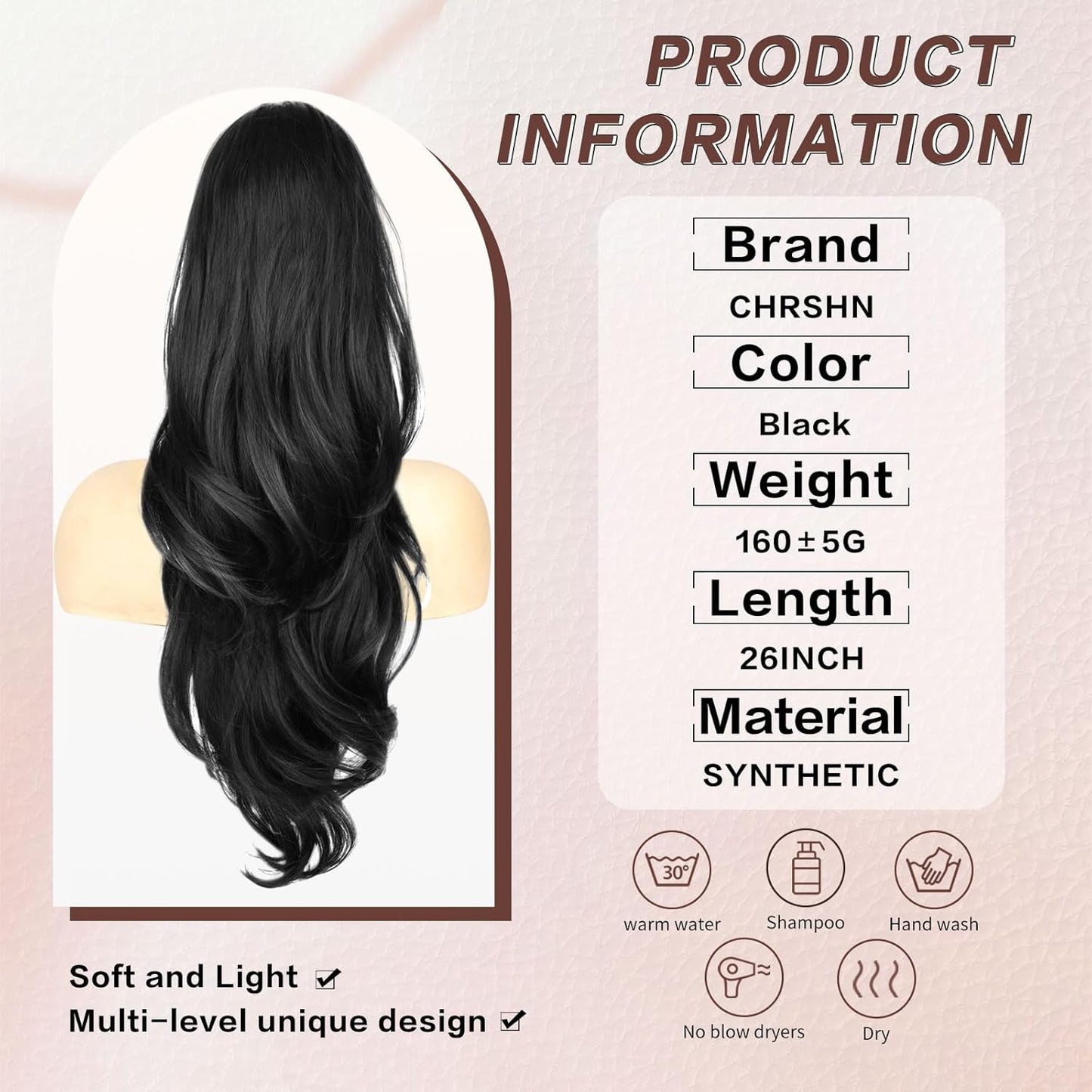 Ponytail Extension, 26 Inch Drawstring Ponytail Extension for Women Long Black Wavy Layered Pony Tails Hair Extensions Synthetic Clip in Ponytail Hairpiece for Women