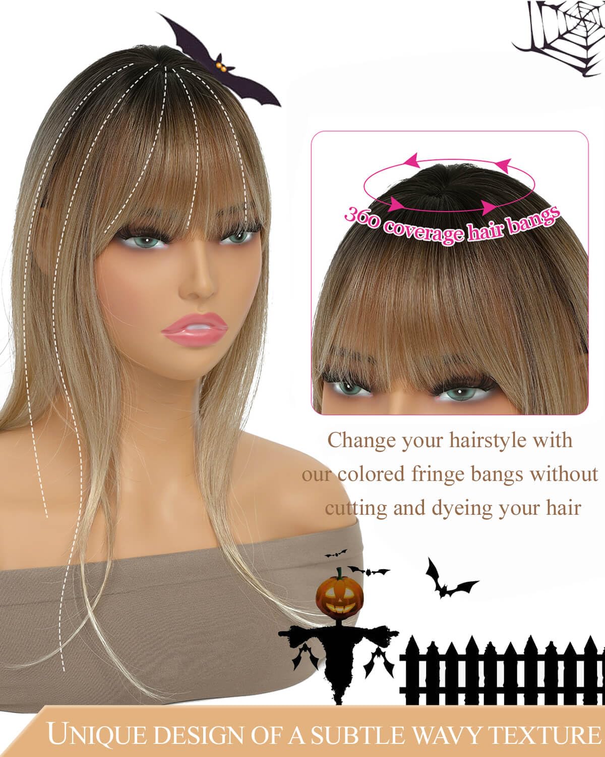 Clip in Bangs 360 Clip on Bangs for Women Bangs Hair Clip Colored Hair Extensions Halloween Costumes Woman Accessory Fake Bangs Hair Pieces for Women Brown Blonde with Dark Root Cosplay Bangs