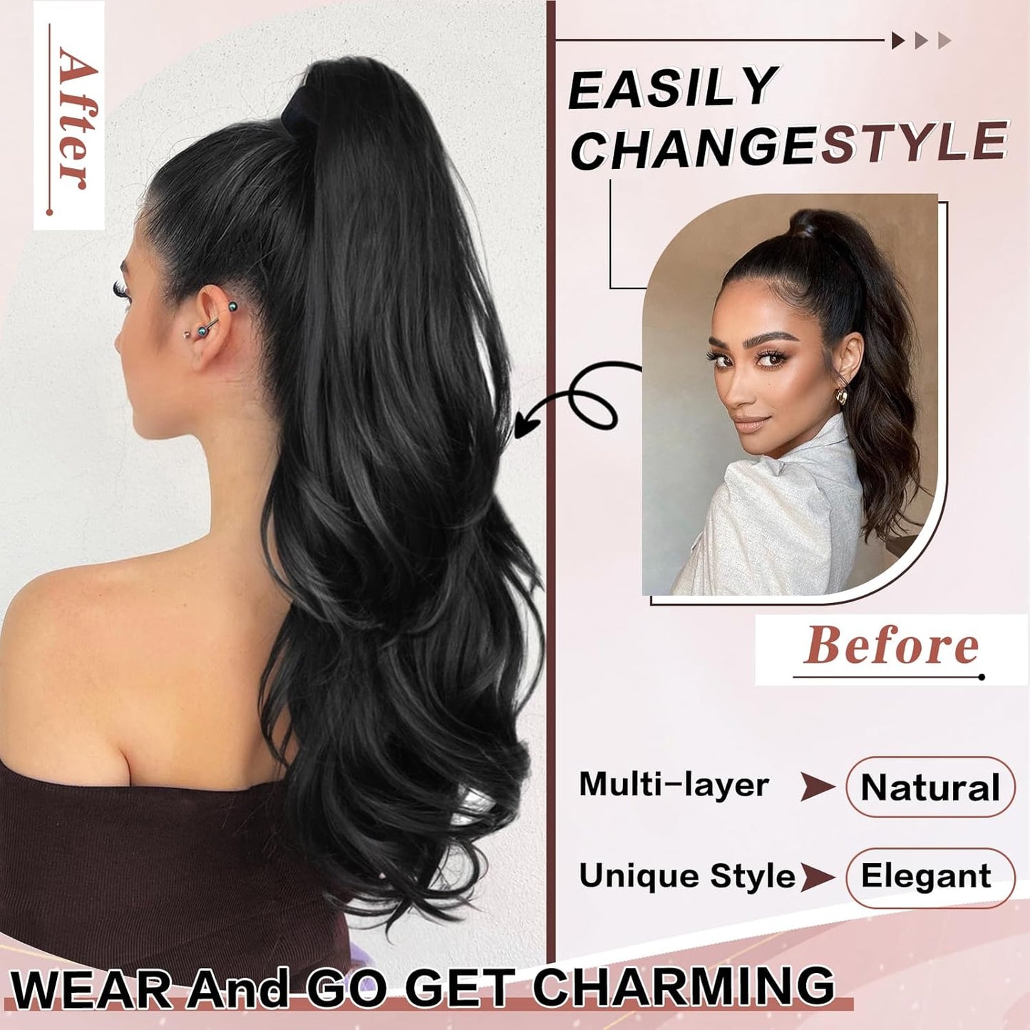 Ponytail Extension, 26 Inch Drawstring Ponytail Extension for Women Long Black Wavy Layered Pony Tails Hair Extensions Synthetic Clip in Ponytail Hairpiece for Women