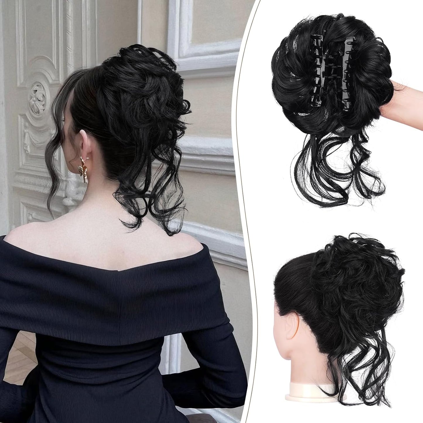 Claw Clip Messy Bun Hair Piece Curly Wavy Hair Bun Clip in Claw Chignon Ponytail Extensions Synthetic Tousled Updo with Tendrils Hairpieces Accessories Scrunchies for Women, Silver Grey