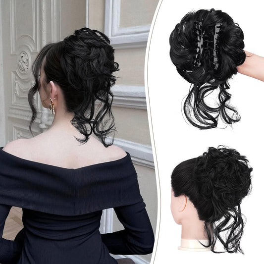 Claw Clip Messy Bun Hair Piece Curly Wavy Hair Bun Clip in Claw Chignon Ponytail Extensions Synthetic Tousled Updo with Tendrils Hairpieces Accessories Scrunchies for Women, Silver Grey