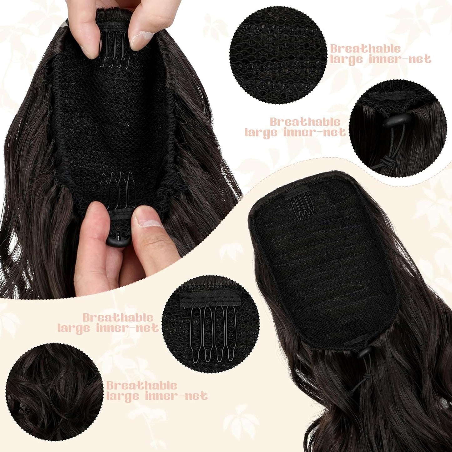 15" Ponytail Extension Drawstring Curly Wavy Ponytail Extensions Clip in Long Pony Tails Hair Cute Synthetic Piece for Women Dark Brown