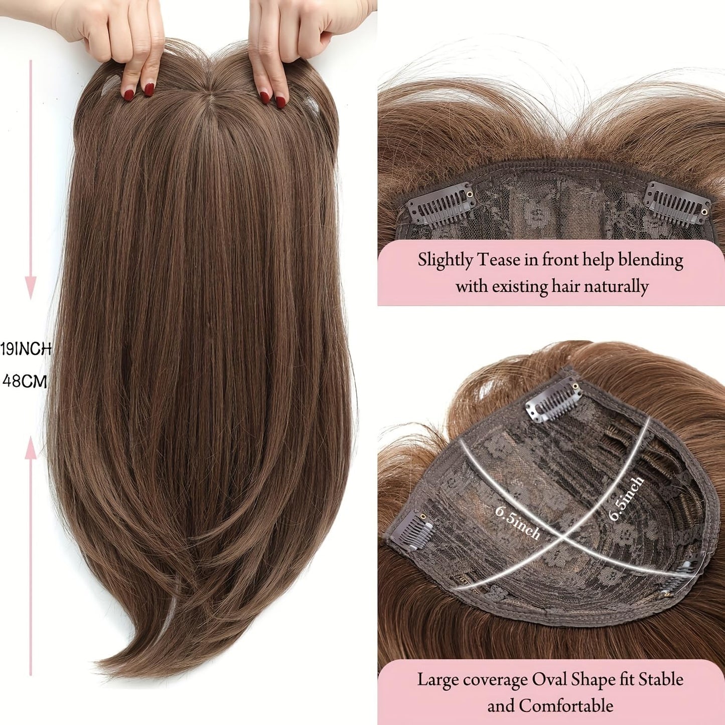 18 inch Hair Toppers for Women with Thinning Hair Straight Hair Topper Synthetic Wig Clip In Hair Topper 6.5"x6.5" large Base with Bangs Hairpiece Light and Natural Hair Piece BrownZ