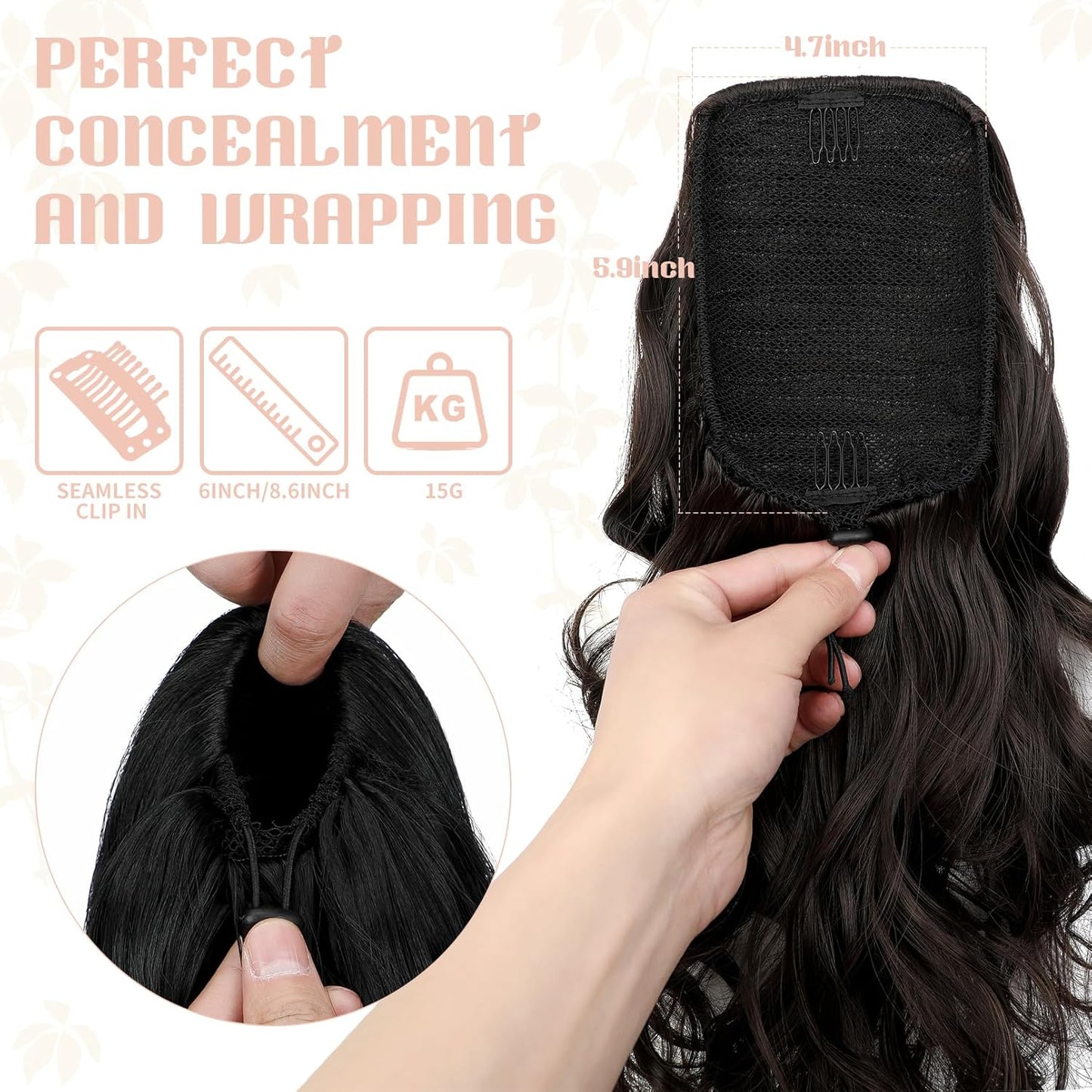 15" Ponytail Extension Drawstring Curly Wavy Ponytail Extensions Clip in Long Pony Tails Hair Cute Synthetic Piece for Women Dark Brown